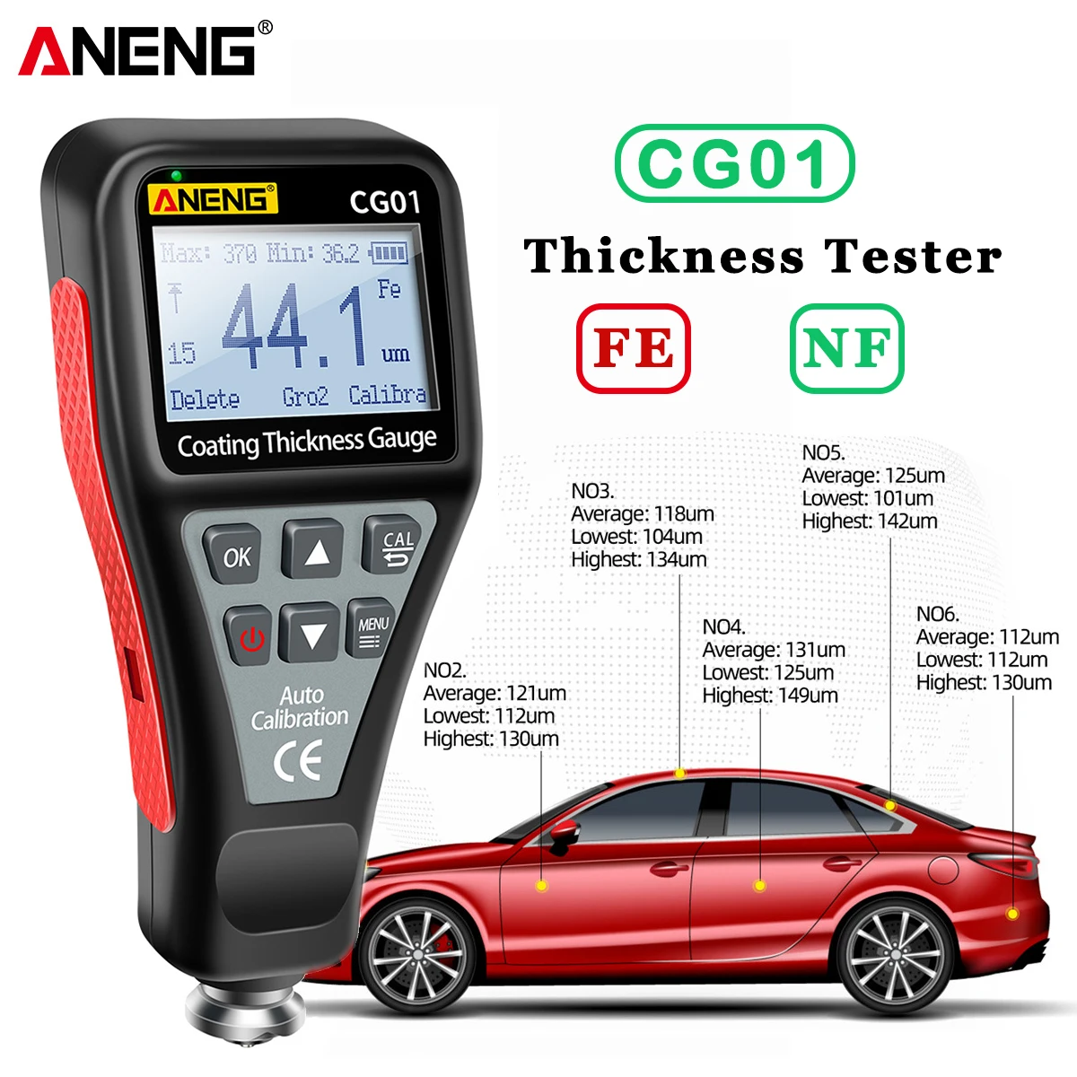 

ANENG CG01 Coating Thickness Gauge Measuring FE/NFE 0.1micron/0-1500 Car Paint Film Thickness Tester Russian Manual Paint Tool