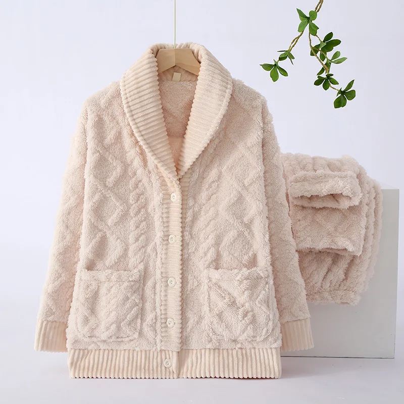 New winter couple pajamas set thickened flannel long-sleeved trousers two-piece set men and women loose home wear pajamas