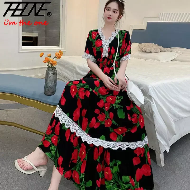 Фото Vestidos Robe, летнее сексуальное платье, женское повседневное платье больших размеров, длинное макси в корейском стиле, пляжное хлопковое кружево с цветочным принтом, богемная индийская одежда №4