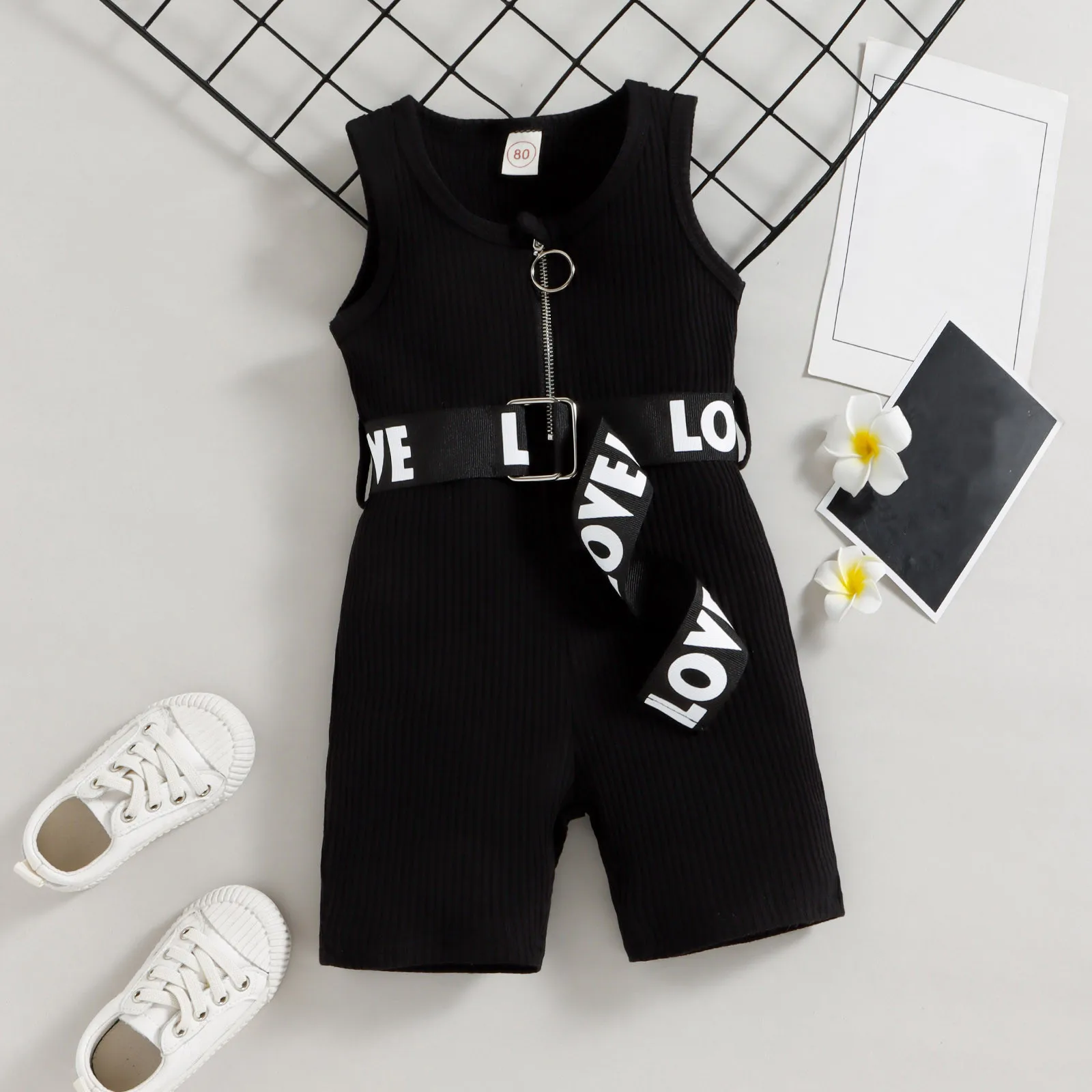 

Summer Toddler Girls Sleeveless Romper Ribbed Jumpsuit And Belt Set White Jumpsuits Girls Snap Romper Baby