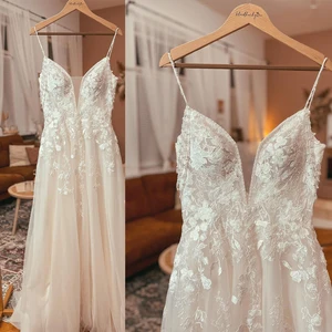Sexy Spaghetti Straps V-neck Lace Applique A Line Wedding Dresses Boho Beach Receiption Dinner 2023 vestido de noiva
