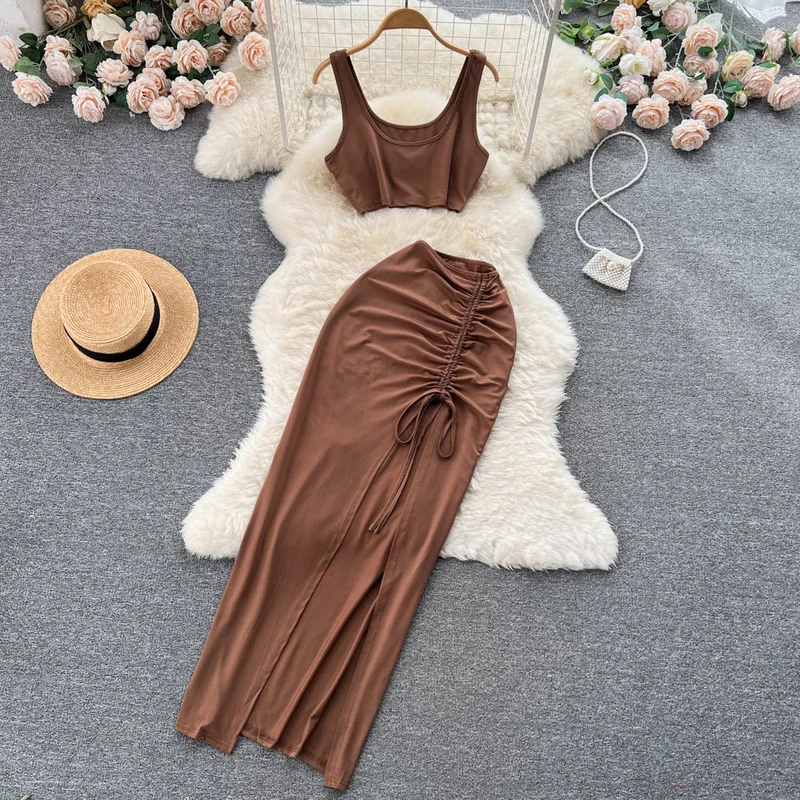 

Sexy Two Piece Sets Fashion Womens Outifits Women Set V Neck Full Crop Tops + Elastic Waist Slit Shirring Skirts Dropshipping