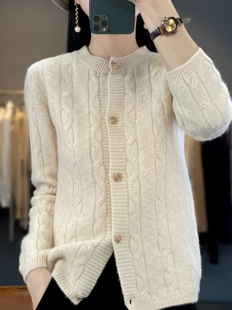 

Женский вязаный кардиган на пуговицах, повседневный теплый свитер из 100%-ной шерсти с круглым вырезом и длинным рукавом, верхняя одежда в Корейском стиле