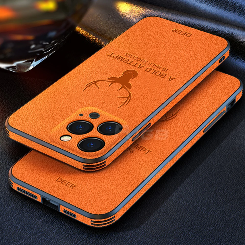 

Luxury Leather Texture Case for iPhone 14 Plus 13 12 11 Pro Max Mini XR XS Deer Shockproof Square Frame Camera Protective Cover