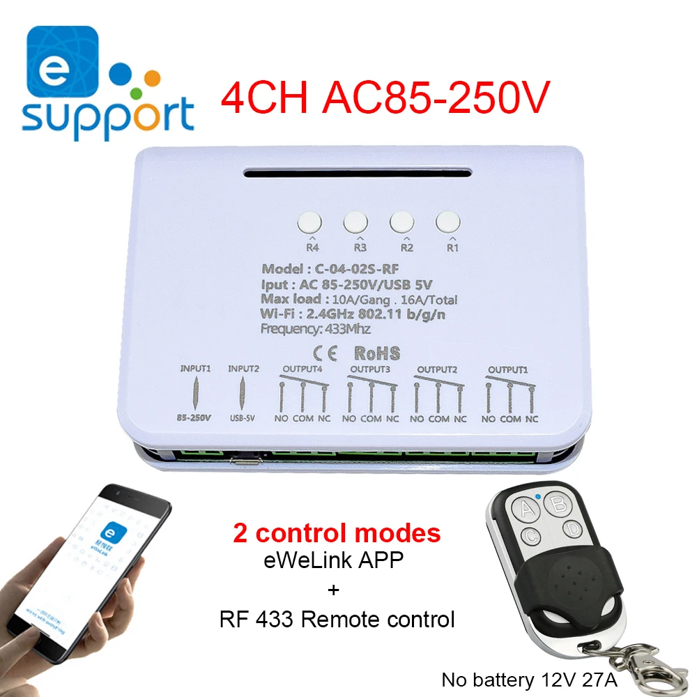 

EWelink 4CH WiFi Smart Home Switch Module 7-32V 85V-250V 10A Relay Radio Frequency Remote Control Timer Compatible With Alexa