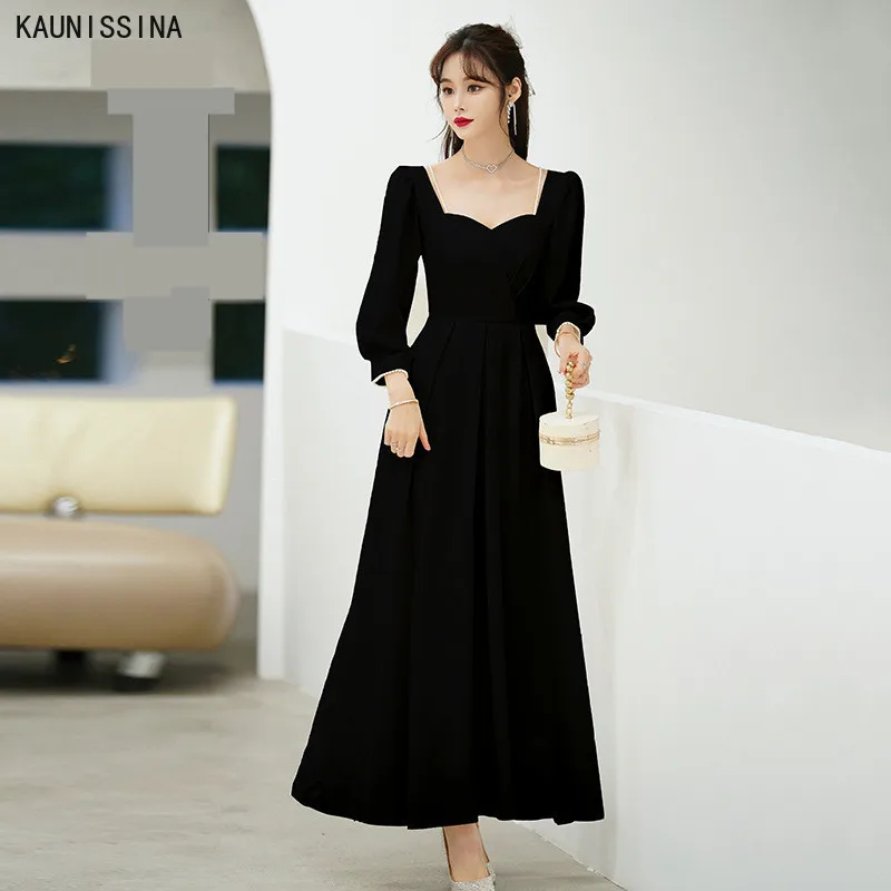 

KAUNISSINA Elegant Cocktail Dress Three Quarter Sleeve Square Collar A-Line Solid Back Bow Prom Dresses Women Formal Gown Robes