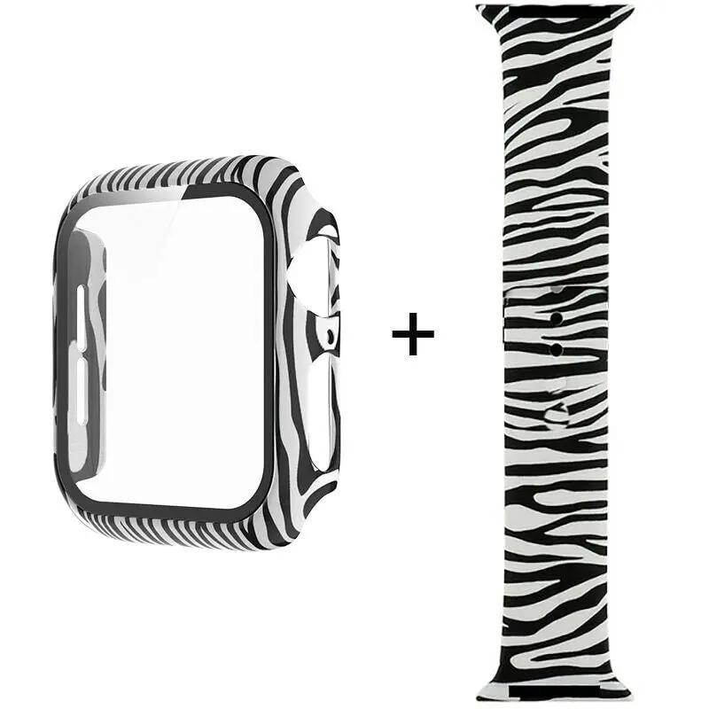 Set Zebra Silicone Band Strap For Apple Watch Series 8 7 6 5 4 3 2 1 + Glass Film PC Case 38mm 42mm 40mm 41mm 41mm 45mm Cover