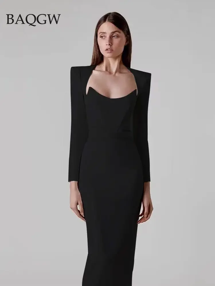 Женское облегающее платье с V-образным вырезом и длинным рукавом