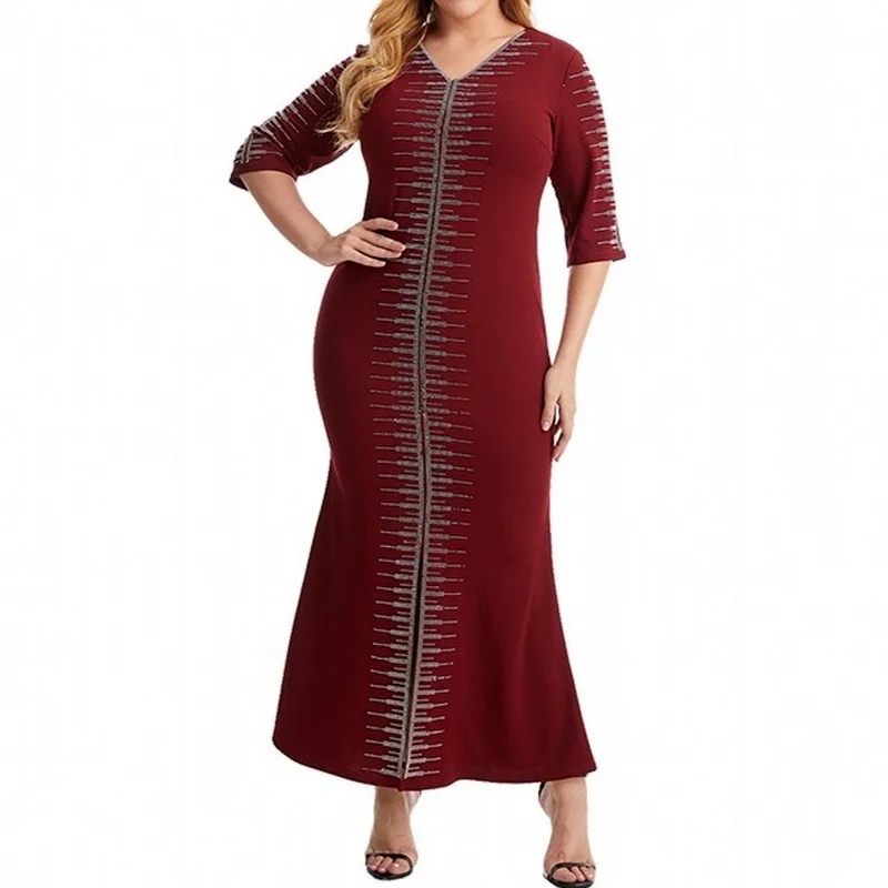 

4XL Big Size Women Party Office Lady Maxi Dress Sexy Christmas 3/4 Sleeve Bodycon Shiny Fashion Gown Event Birthday Robe Dresses
