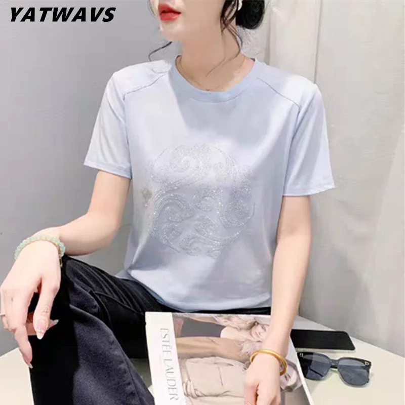 Женская хлопковая Футболка со стразами Повседневная Свободная Блестящая