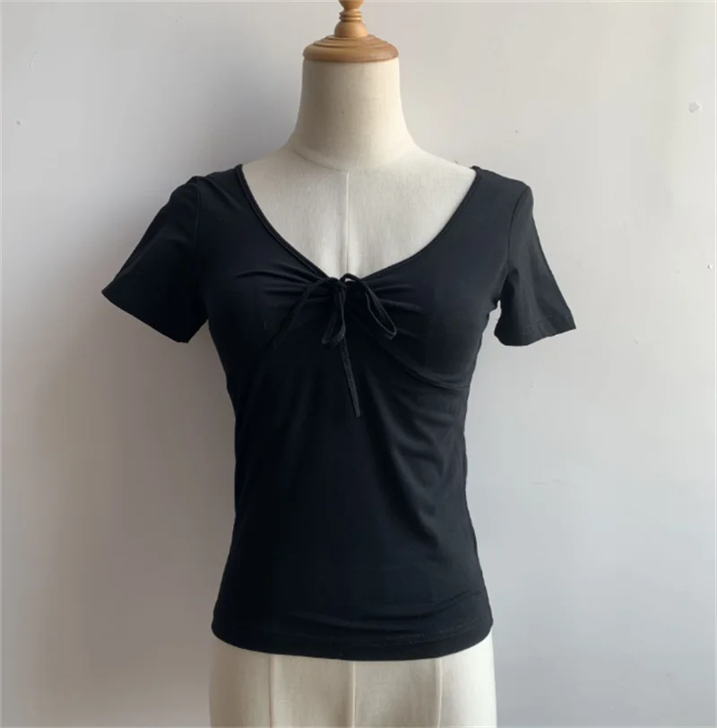 

2022 Cotton Bowknot Round-neck Summer Soft Sweat Absorbing Dance Practice Top Short Sleeves Large Stretch Dancing T-shirt