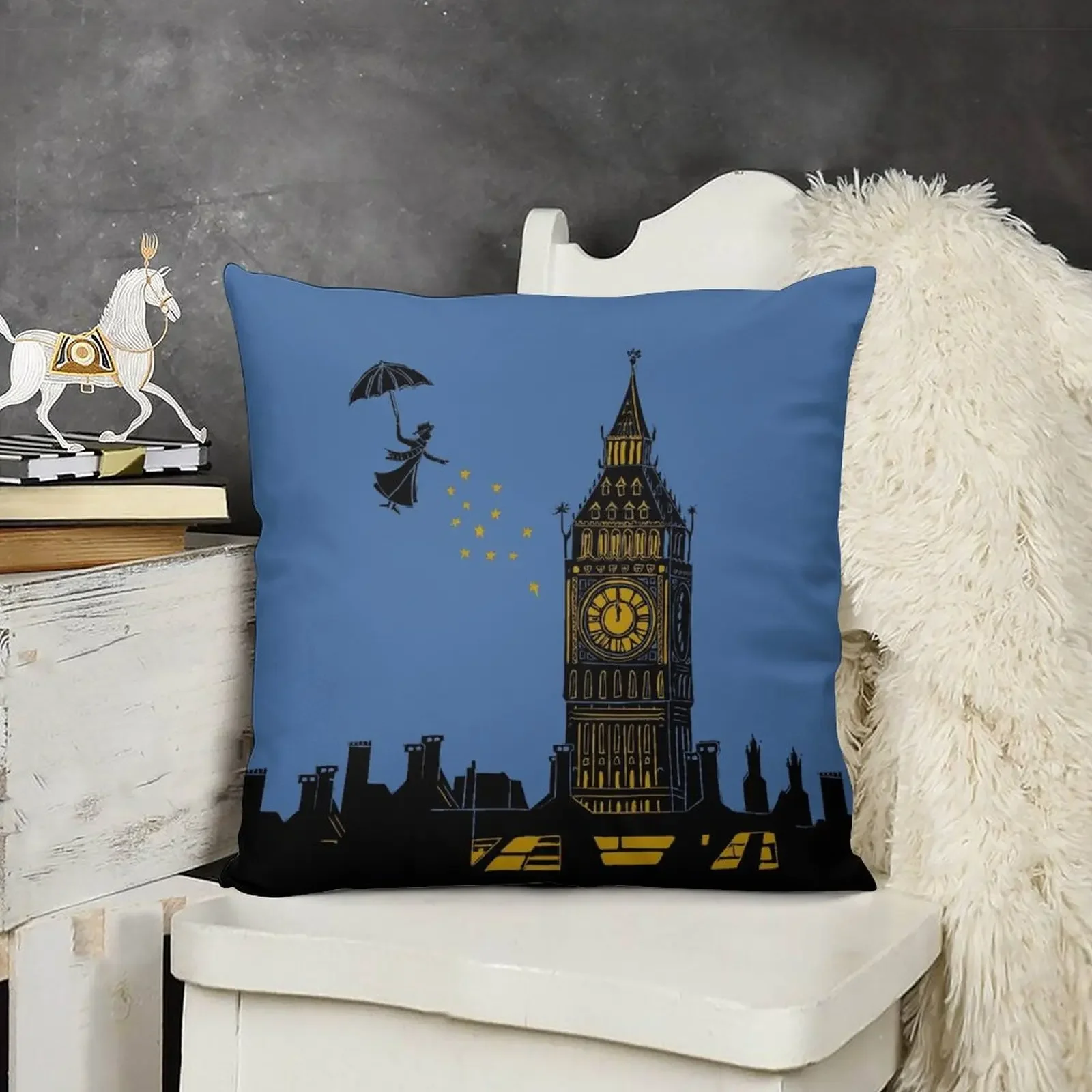 Мэри Поппинс и принт с силуэтом Биг-Бен Линноут в черном синем золотом.