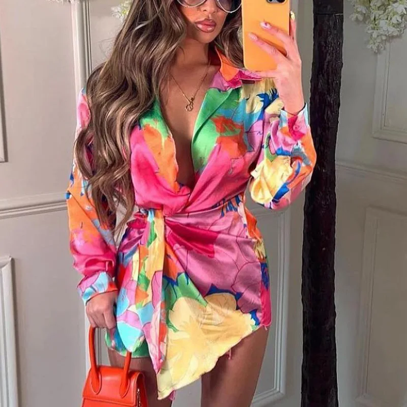 

Женское однобортное платье-рубашка, повседневное элегантное офисное платье мини с цветочным принтом на шнуровке, модель 2022 на весну и осень