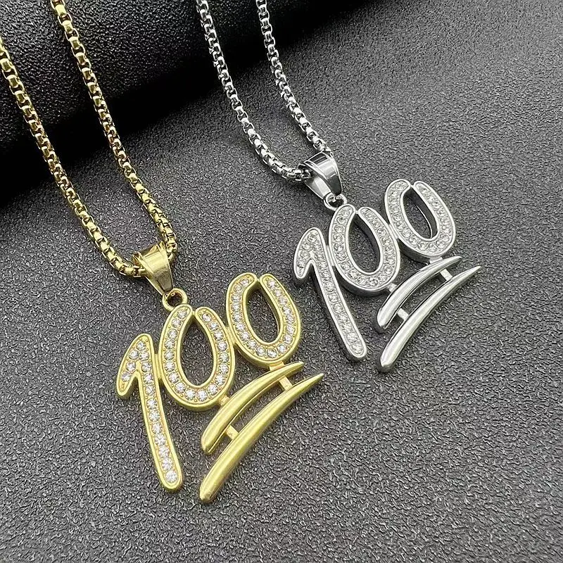 

Hip Hop Jewelry Titanium Steel Gold Plated Diamond 100 Point Pendant Necklace