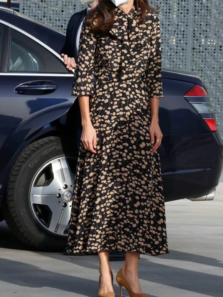 

Fashion Runway 2022 Spring Summer Midi Dress Women Bow Floral Frock Elegant Long Sleeve Office Lady
