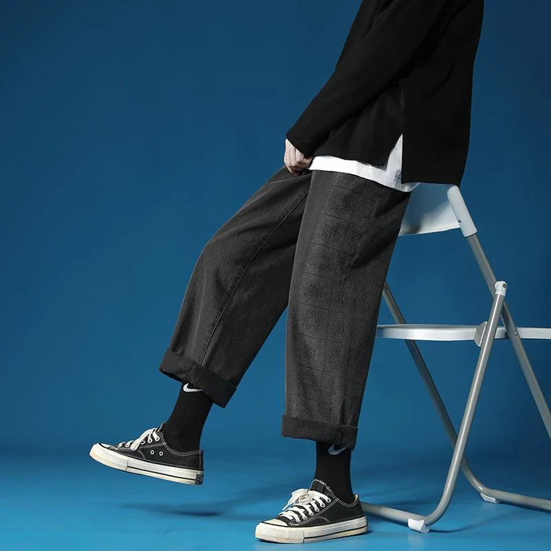 DEEPTOWN Printed Straight Jeans Men Fashion Loose Denim Pants Retro Casual Trousers Male Streetwear Hip Hop Korean Style Spring