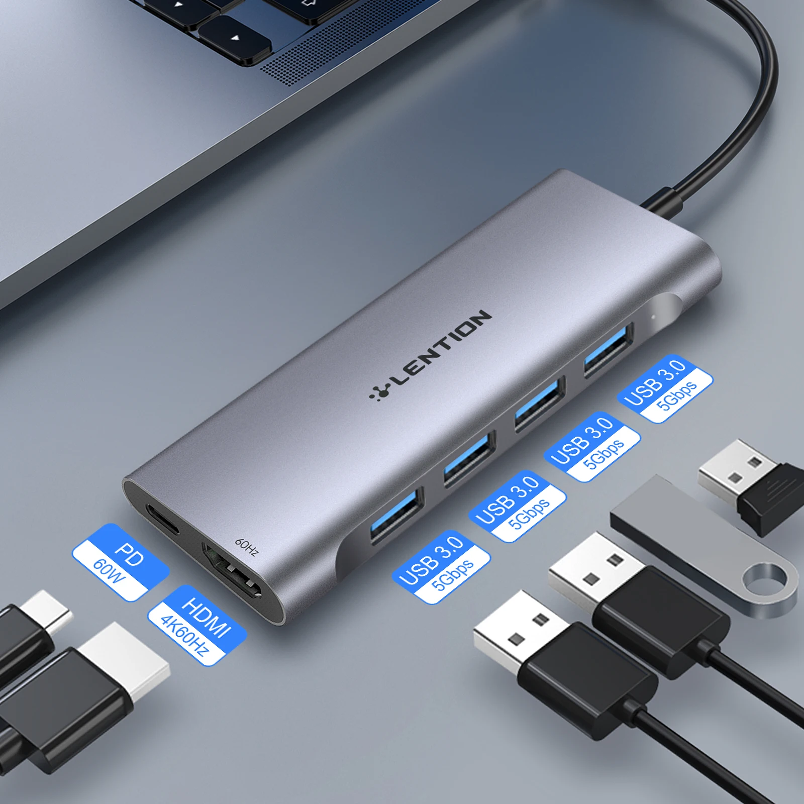 USB-концентратор LENTION 4K @ 60 Гц @ 30 Гц HDMI USB-A 3,0 PD60W, мультипортовый адаптер для M1 M2 MacBook/Pro/Air iPad, тип поверхности, кабель-концентратор 1 м