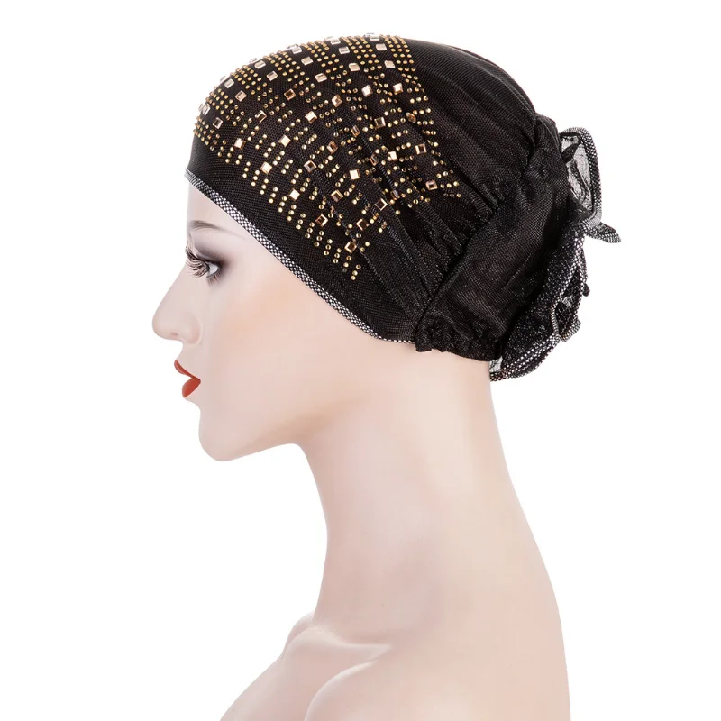 

2022 Women's Round Hat Fashion Muslim Wrapped Head Solid Diamond Flower Headwear Indian Hat luxury hats for women