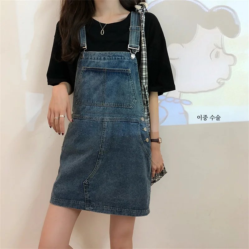 Нестандартный дизайн джинсовое короткое платье на бретельках женское свободное