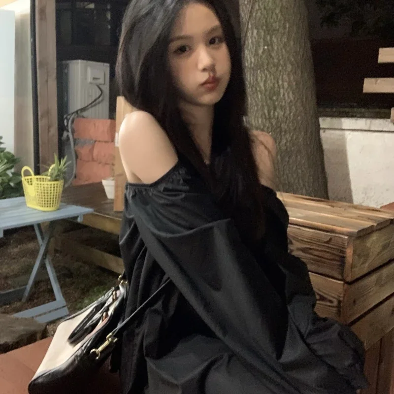 Черные блузки женские уникальные готические сексуальные с открытыми плечами