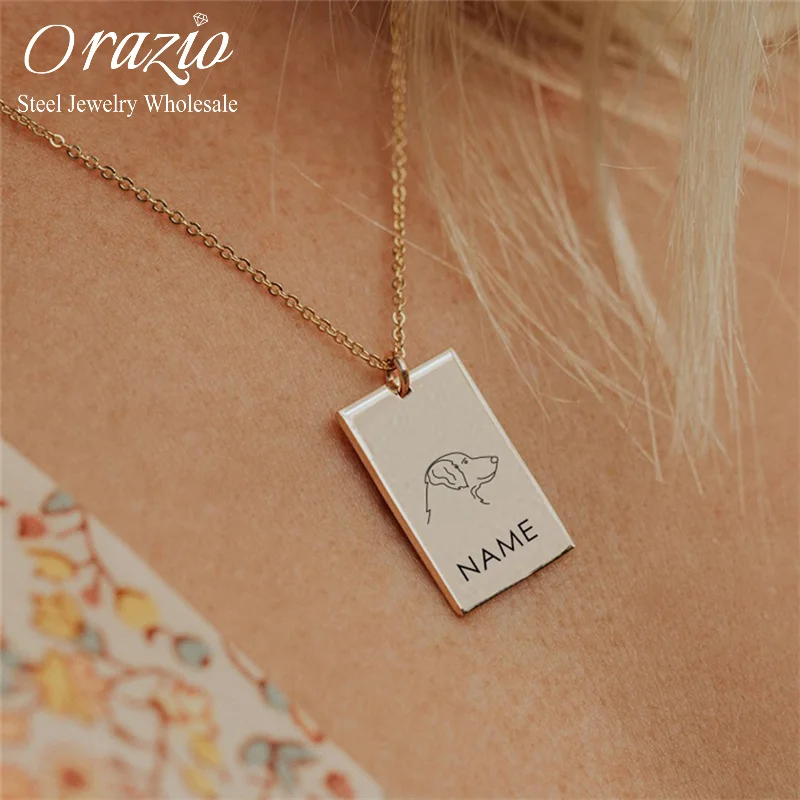 

Orazio Custom Name Stainless Steel Necklace for Women Engrave Charm Neck Chains 14K Gold Square Pendant Female Choker Jewelry