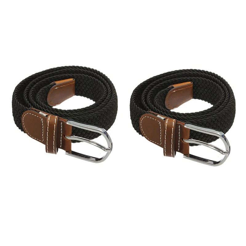 

2X Unisex Men Women Stretch Braided Elastic Leather Buckle Belt Waistband Black