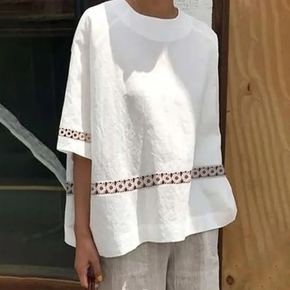 

O-Neck Half Sleeve Women Blouse Hollow Out Lace Stitching Loose Fit Thin Retro Shirt Top Streetwear Vintage Mujer Chic Tunic
