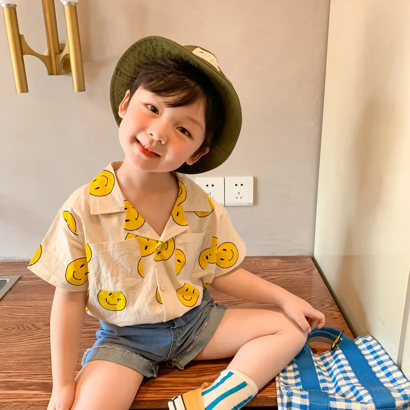 

2022 New Children Cute Smiley Print T Shirt Summer Boys Short Sleeve Shirts Cotton Girls Tee Fashion Kids Casual Tops