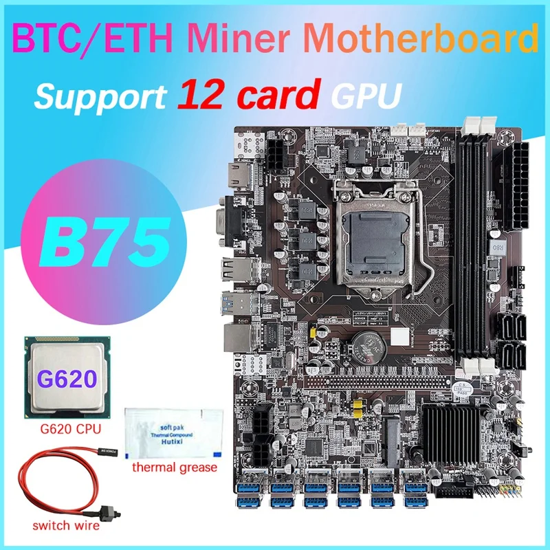 

Материнская плата B75 12 Card GPU BTC для майнинга + процессор G620 + термопаста + кабель переключения 12XUSB3.0(PCIE) слот LGA1155 DDR3 ОЗУ MSATA