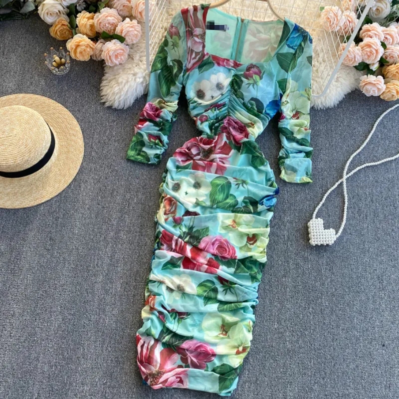 

N GIRLS Pleated Floral Print Women Maxi Dress 2022 Spring Elegant Party Lady Vestidos Sexy Pencil Long Women Dresses Robes