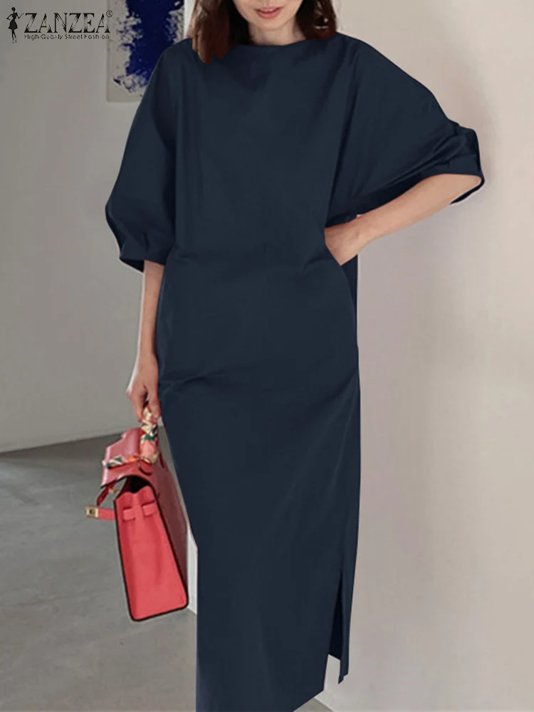 

Модный однотонный офисный сарафан средней длины ZANZEA, Элегантное летнее женское платье с коротким рукавом и разрезом на подоле, женское повседневное вечерние, Vestido 2023
