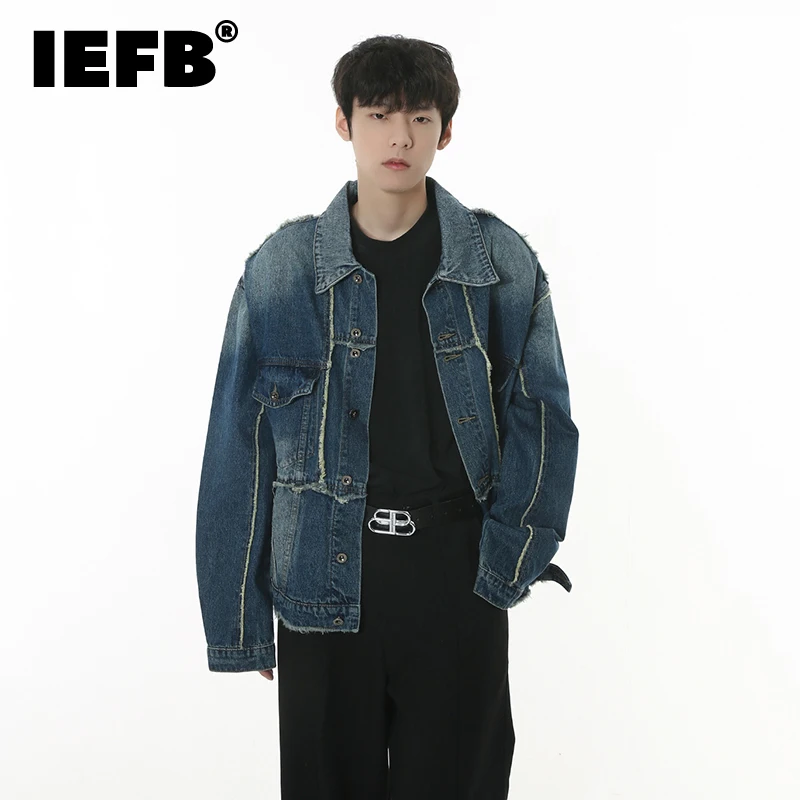 

IEFB Men's Denim Jackets Loose Vintage Man Casual Clothing Trend Patchwork Burrs Jean Coat Korean Style Fashion Tops New 9C2196