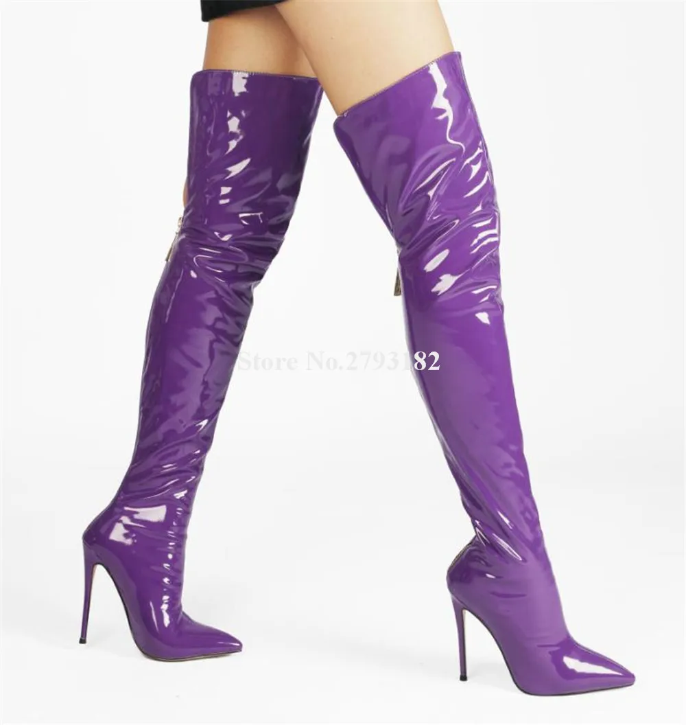 Сапоги выше колена из блестящей лакированной кожи на тонком каблуке Сексуальные