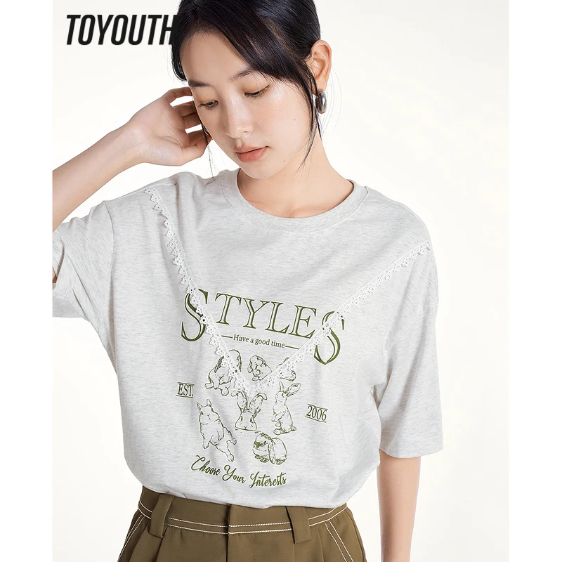 

Toyouth Women T-shirt 2023 Summer Short Sleeve Round Neck Loose Tees Rabbit Print V-shaped Lace Pure Cotton Casual Chic Tops