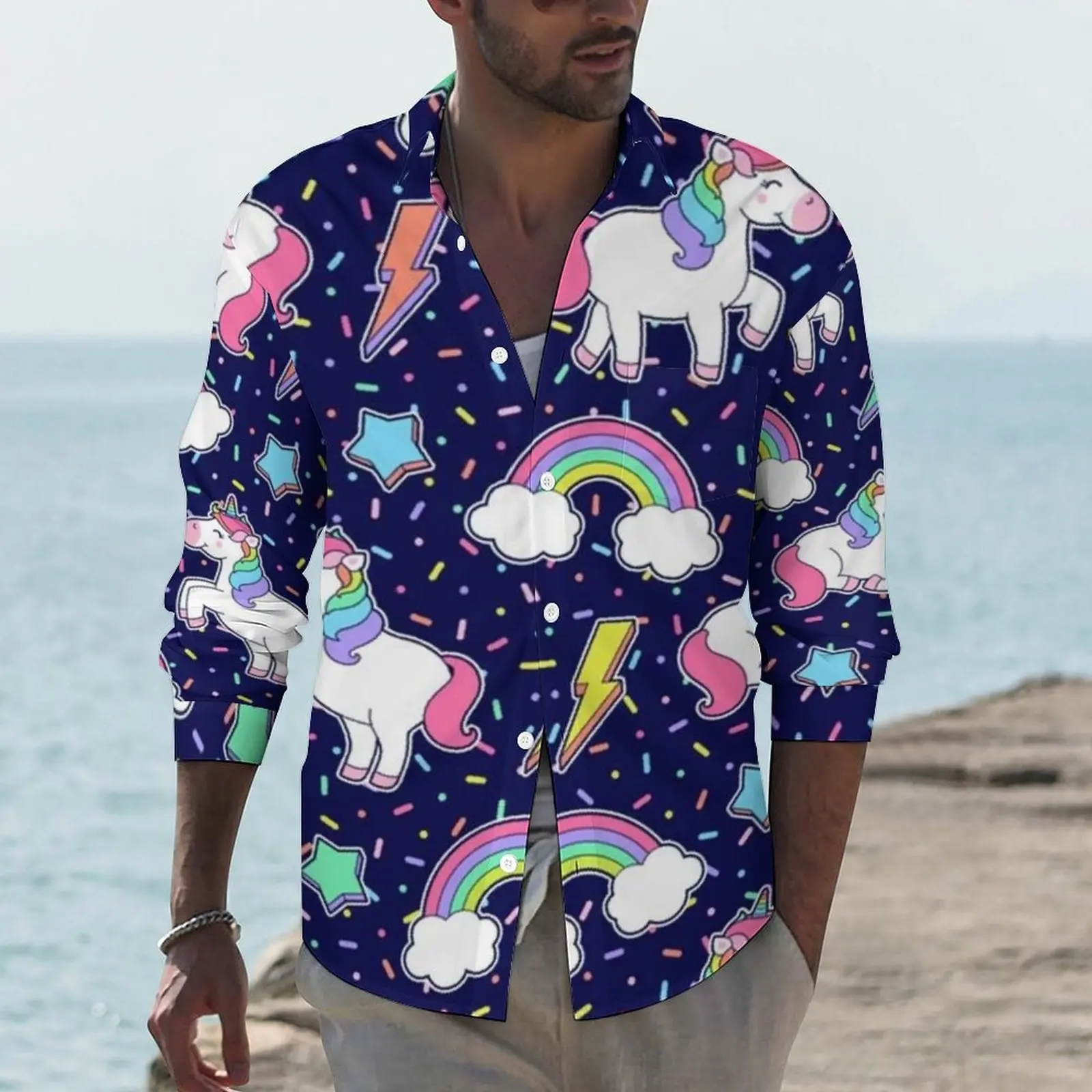 

Cute Unicorn Cartoon Shirt Rainbow Star Thunder Casual Shirts Long Sleeve Custom Funny Blouses Autumn Cool Oversized Clothing