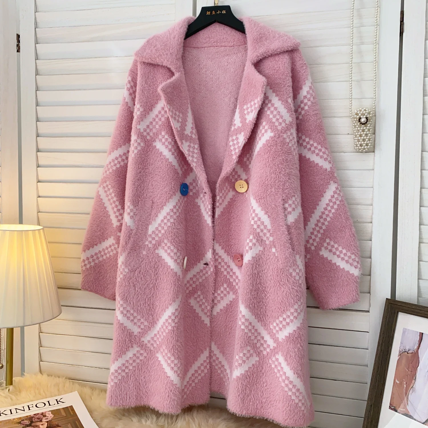 Женское винтажное пальто с отложным воротником Элегантное трикотажное