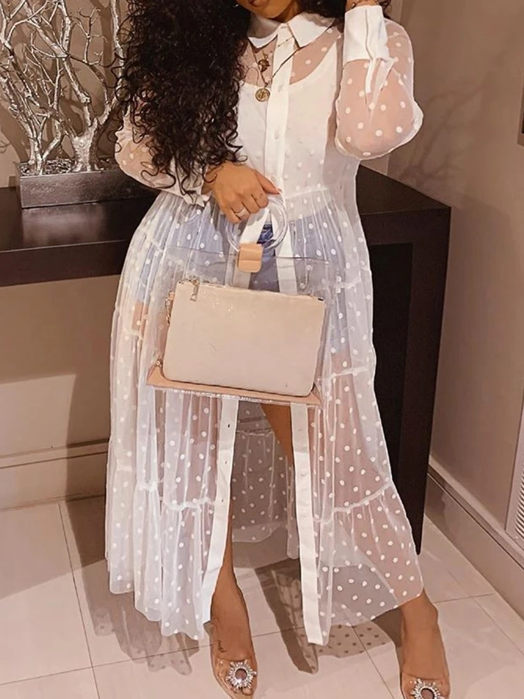 

White Shirt Dress Cover Women Sexy Gauze Perspective Wave Point Long Sleeve Maxi Dress Casual Fashion Big Size Party Club Wear
