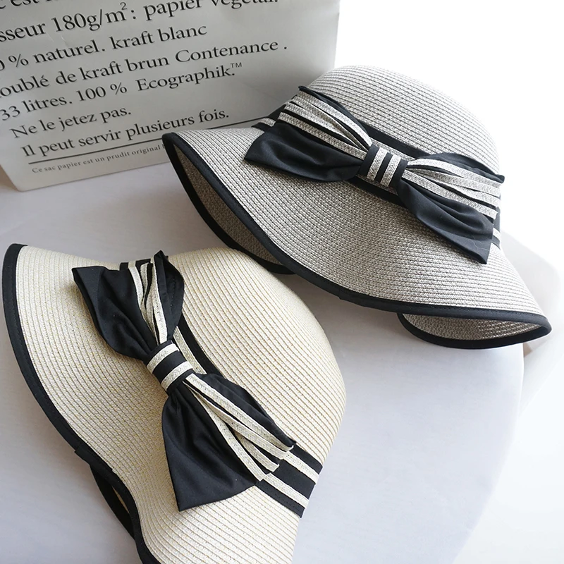 Шляпа Женская плетеная с УФ-защитой Пляжная Панама от солнца широкими полями для