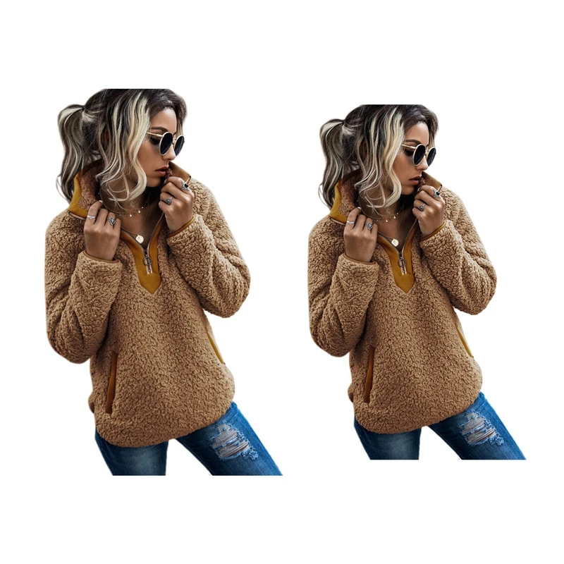 

2X Women Sherpa Sweater Teddy Fleece Pullover Half Zipper Sherpa Fleece Tops Female Warm Coat Camel M Size/L Size