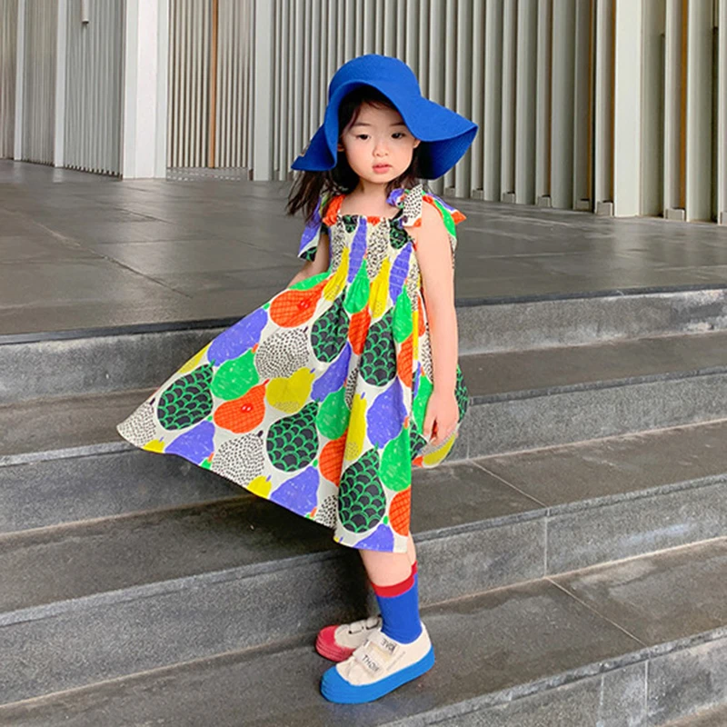 

Colorful Abstract Pattern Dress for Girls Summer Bow Knot Sling Trendy Beach Party Princess Dress 3-7Y Vestidos Children Clothes
