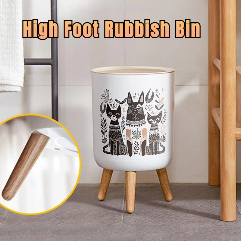 

Round Log Wind High Foot Rubbish Bin Round Press Cover Dustbin with Press Button Home Kitchen Bathroom Cute Garbage Bucket 7L/2L