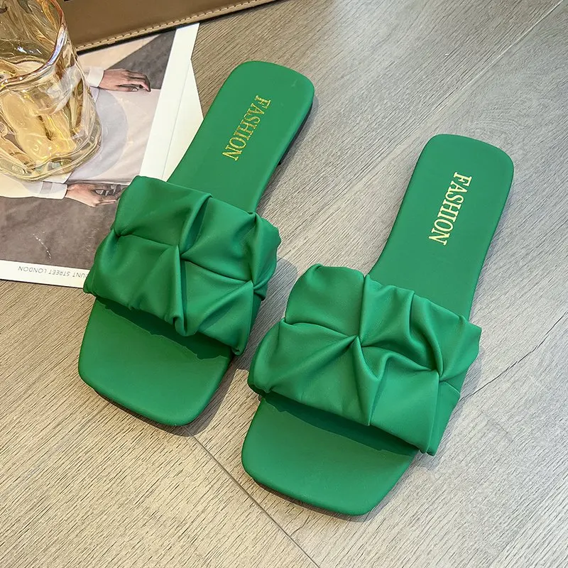 

Summer Slippers For Women Flip Flops Flats 2023 New Pleated Korean Slippers Women Sandals Green Slip On Shoes Big Size 35-42
