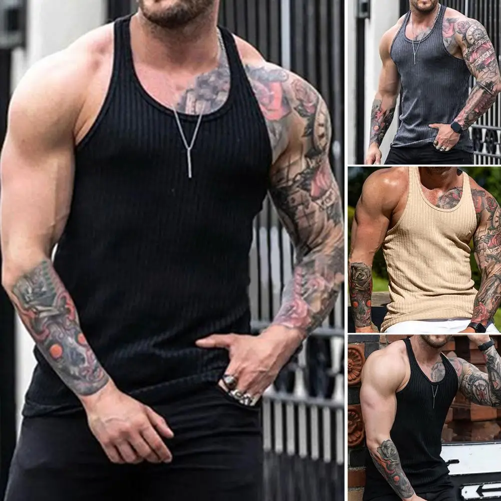 

Men Vest Elastic Breathable Streetwear Men O Neck Sleeveless Top for Daily Wear
