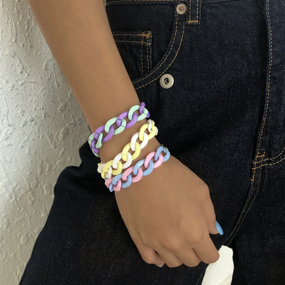 

Fashion Candy Color Acrylic Resin Chains Charms Bohemia Rainbow Simple Bracelet Bangles for Women Girls Cute Birthday Gifts