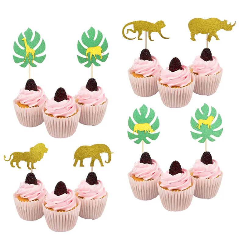 

12Pcs Palm Leaf Jungle Wildlife Cupcake Topper Hawaii Wild One Jungle Themed Kids Happy Birthday Party Baby Shower Decorations
