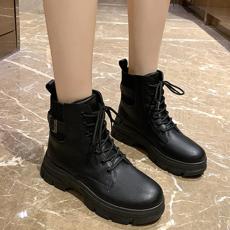 Женские ботильоны с пряжкой и ремешком повседневные боевые ботинки на шнуровке