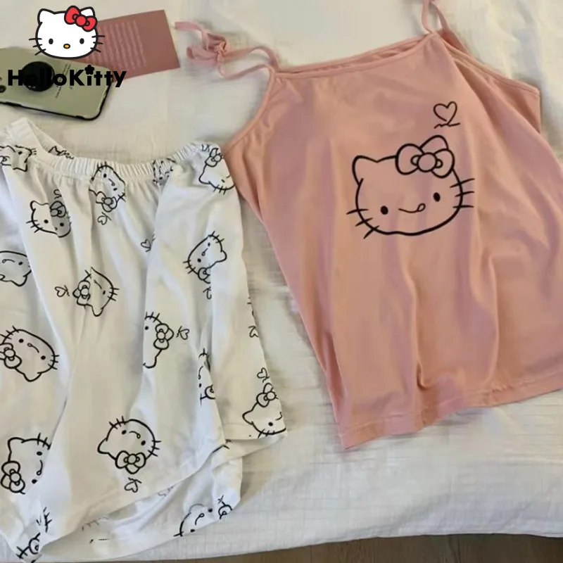 

Sanrio Hello Kitty Cartoon Printed Women Pajamas Sets Y2k Summer Sweet Cute Female Suspender Sleepwear Kawaii Girl Home Clothes