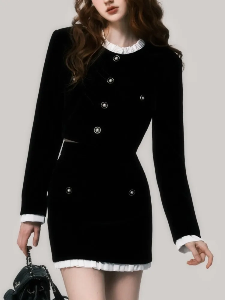 Элегантные черные бархатные комплекты из двух предметов с юбкой укороченный топ