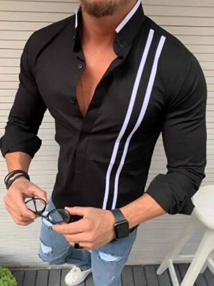 2022 New Large Size Casual Fashion Men's Long Sleeve Shirt Slim Striped Party Men's Cardigan Top S-5XL White Black Grey