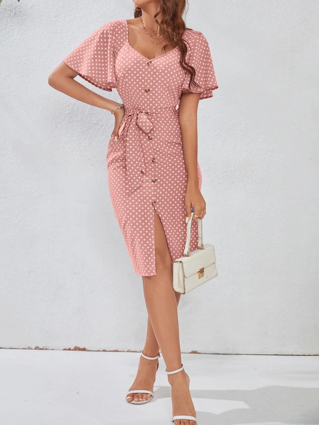 

Polka Dot Butterfly Sleeve Fake Button Split Thigh Belted Dress